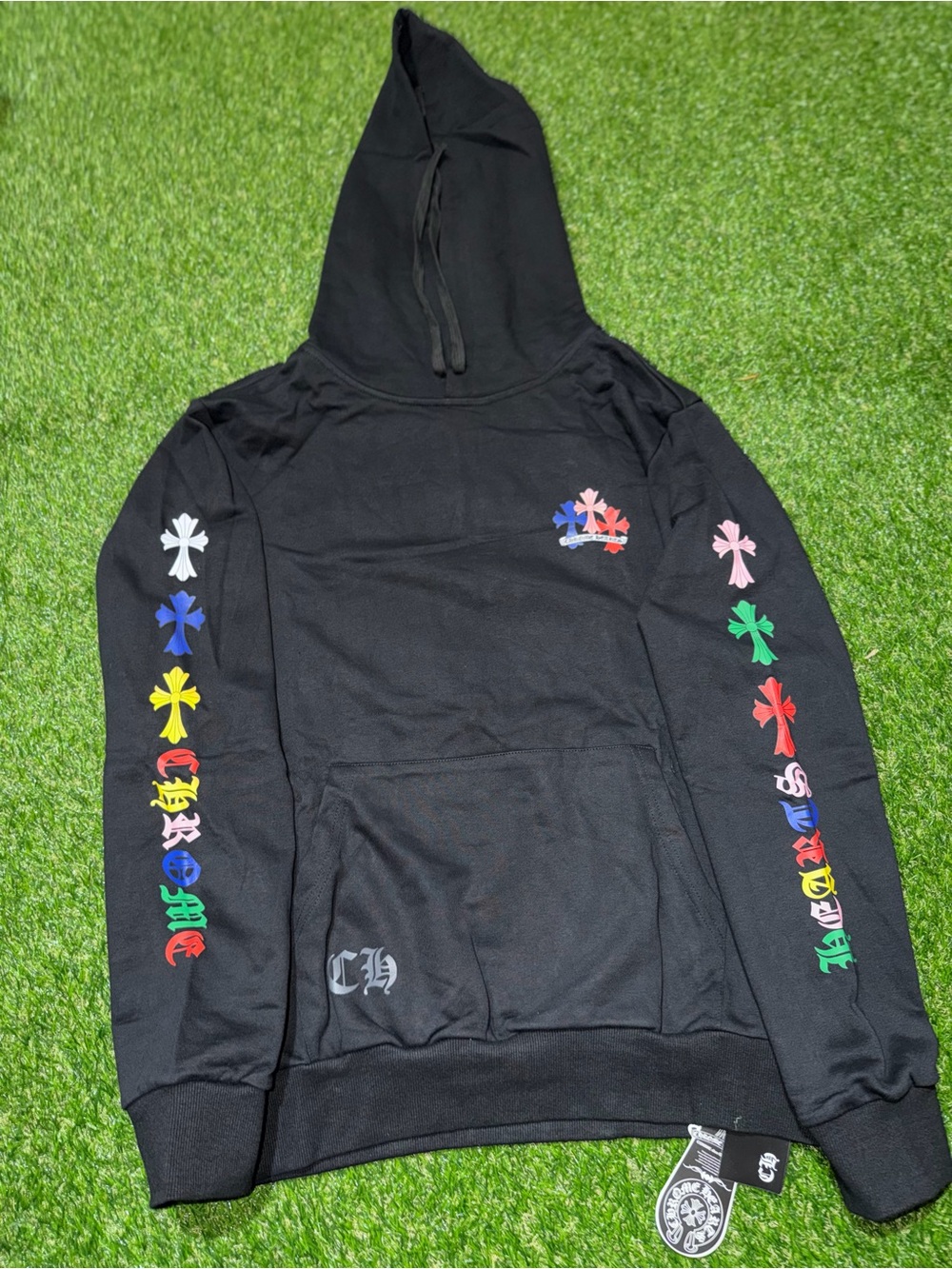 Comme des Garcons Black Zip-Up Hoodie with Multicolor Cross Motifs